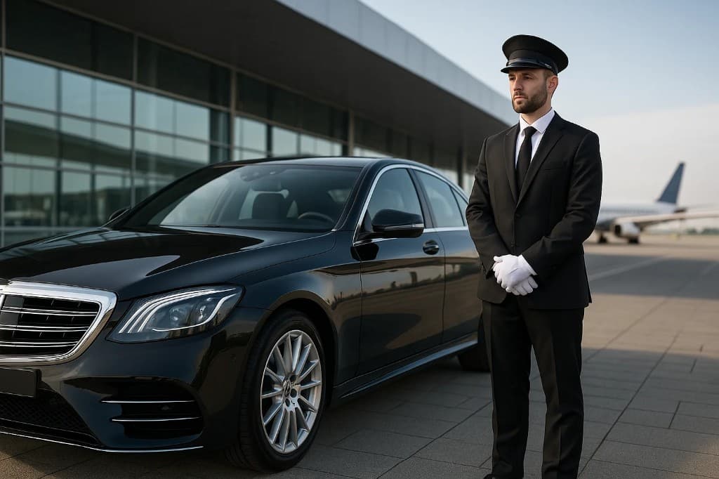Chauffeur in uniform beside a black luxury sedan on an airport apron with terminal and aircraft in the background