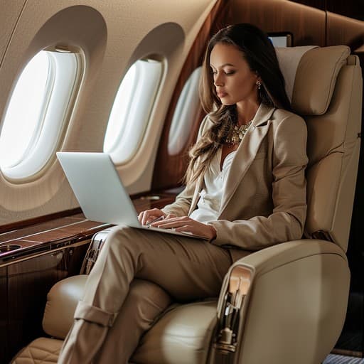 Businesswoman working on a laptop in a premium aircraft cabin with leather seating and oval windows